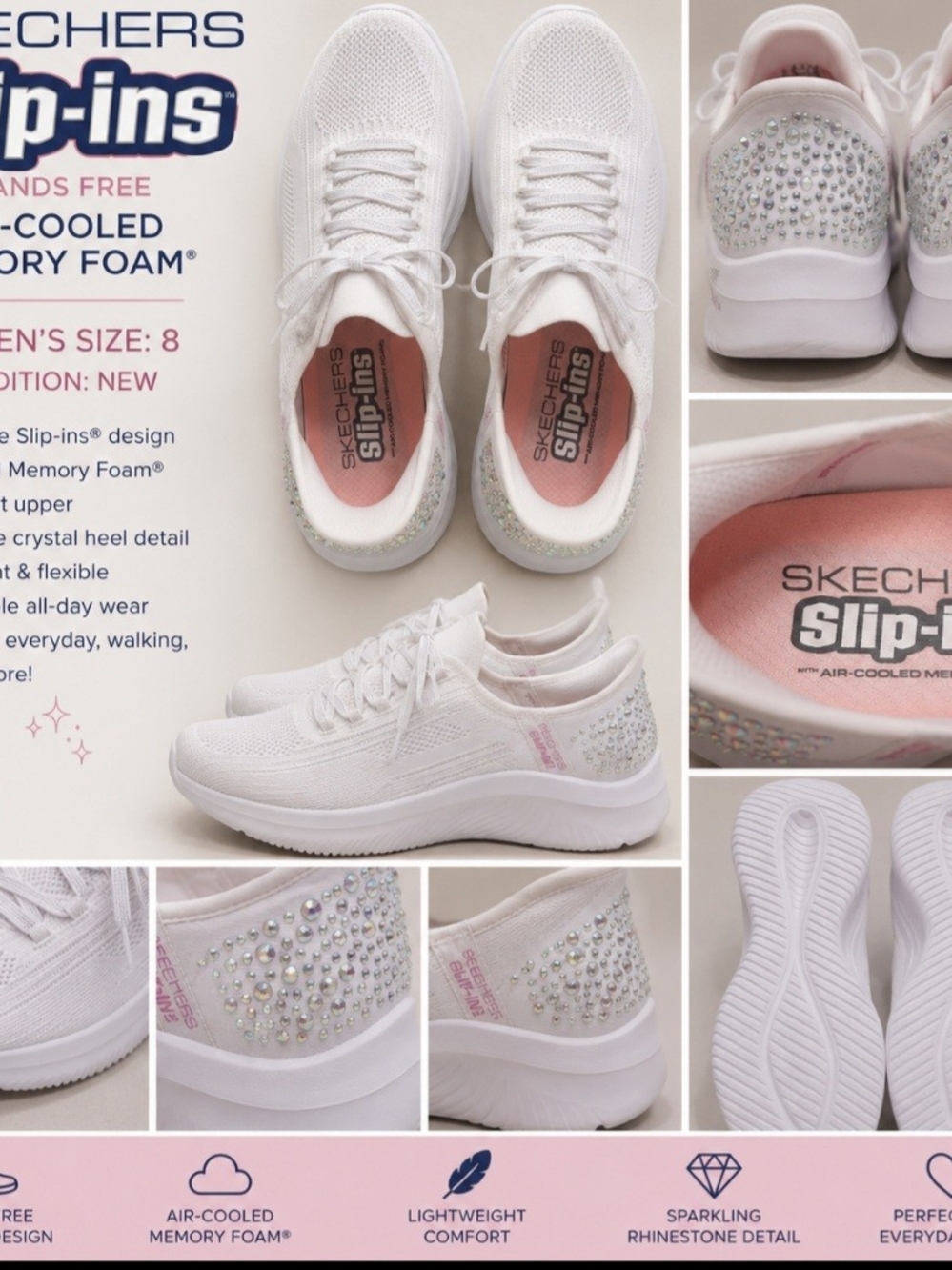 Skechers Women's White Slip-Ins Memory Foam Sneakers with Sparkling Rhinestones
